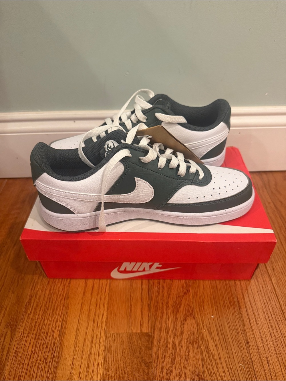 Nike Women’s Court Vision Low-Top Sneakers in White and Dark Green